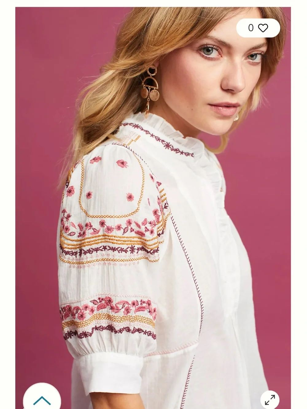Anthropologie White Peasant Blouse with Pink & Gold Embroidery